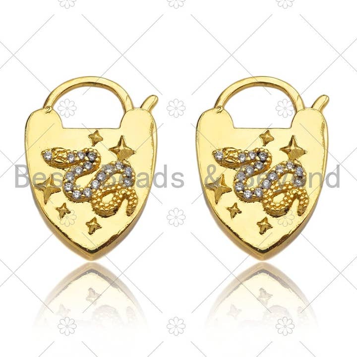 BestBeads&Beyond - Wholesale Individual charm/pendant - CZ Micro Pave Snake Padlock Heart Clasp Charms, Snake CZ On Padlock Clasp, Gold Charm Pendant, Padlock Necklace Charms, 17x27mm, Sku#K1640