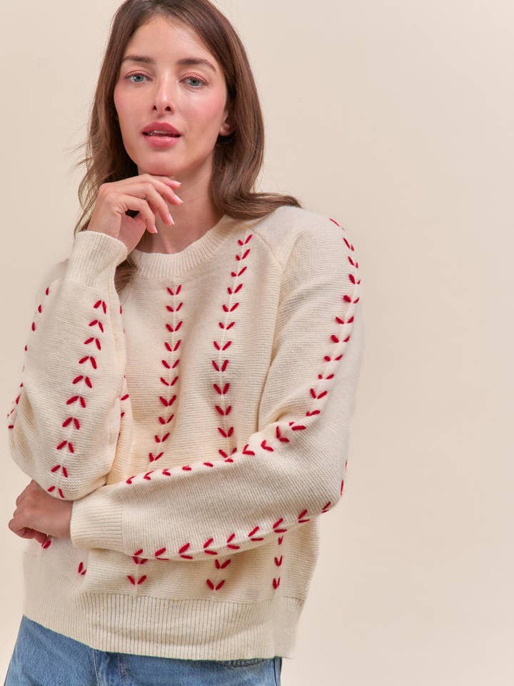 &MERCI - Wholesale Knit Sweater - Women's - EMBROIDERED LONG SLEEVE PULLOVER SWEATER MSW1117918