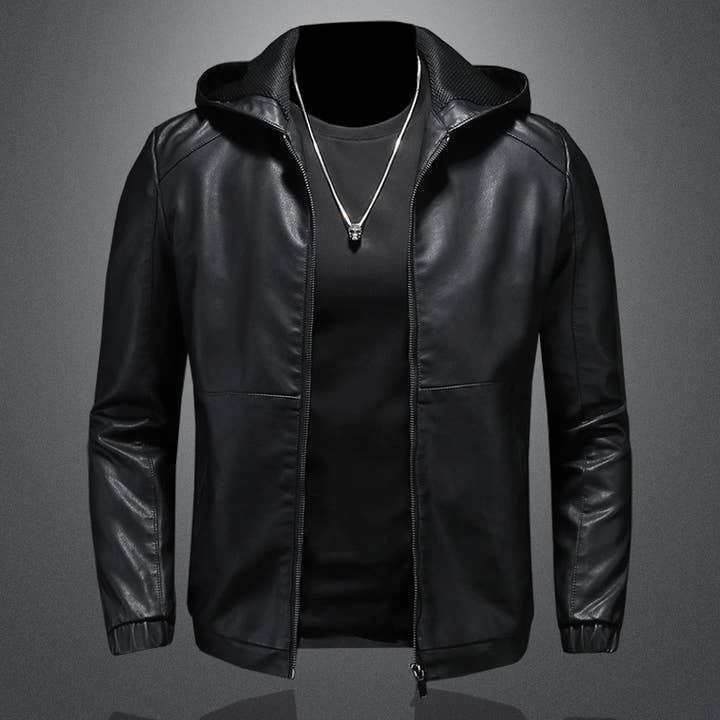 Black Men's Vintage Hooded Biker Plush Leather Jacket for wholesale on Faire3