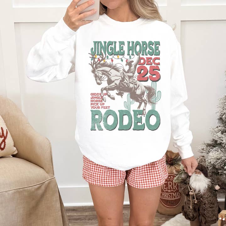 Hey Jude Graphic Tees - Wholesale Graphic Sweatshirt - Women's - Jingle Horse Rodeo Christmas Crewneck Sweatshirt | Western H1