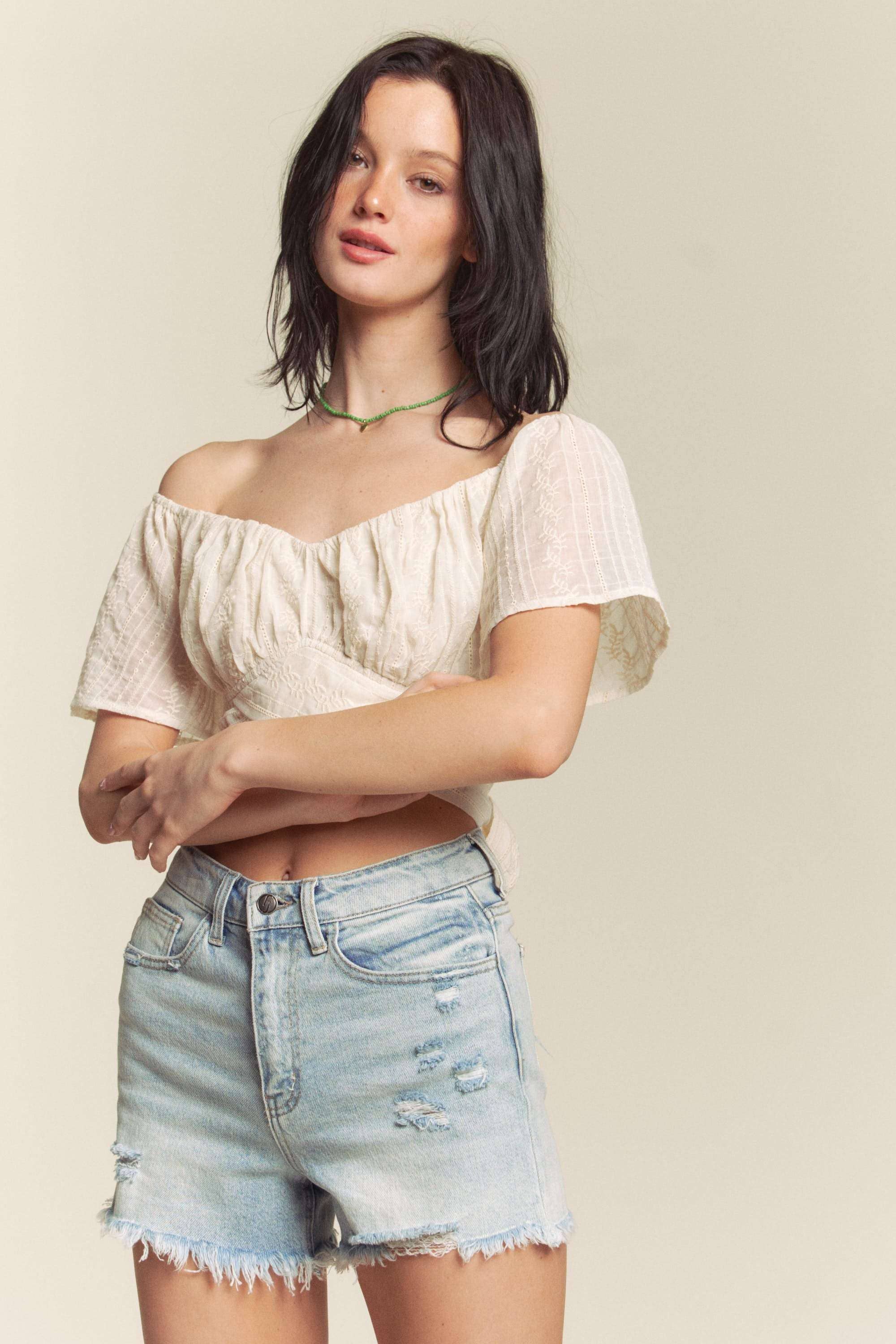 Hers & Mine - Wholesale Knit Top - Women's - EMBROIDERY VOILE SHORT SLEEVE CROSS TIE TOP4