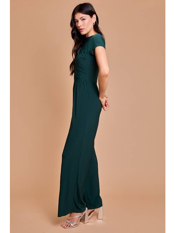 Hunter Green Cowl Tunic Neck Short Slevee Jumpsuit for wholesale on Faire