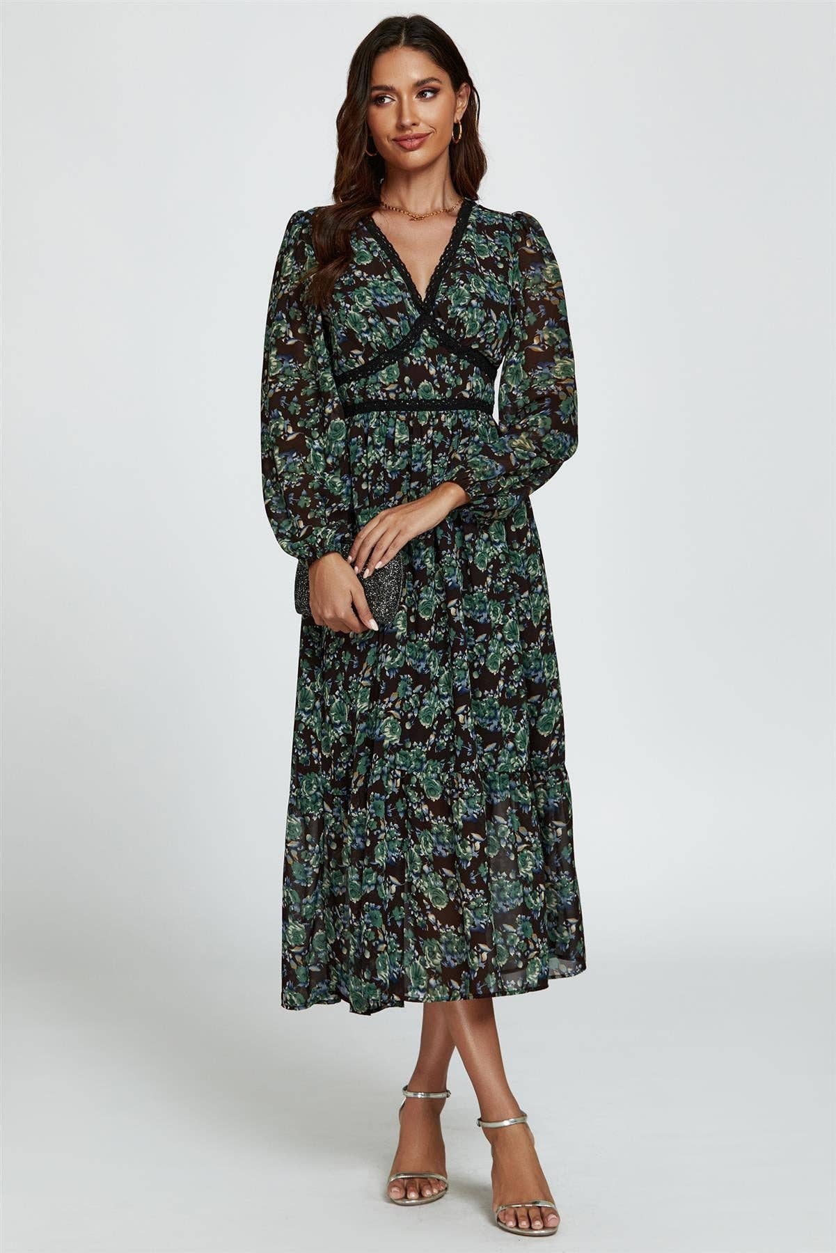 Floral Print Long Sleeve Midi Dress In Brown for wholesale on Faire4