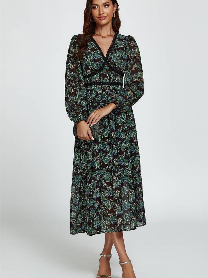 Floral Print Long Sleeve Midi Dress In Brown for wholesale on Faire4