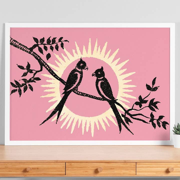 Lovebirds Romantic Art Print | Vintage Animal Prints for wholesale by INK & SONS