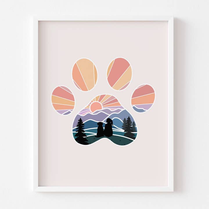 Dog Paw Print Mountain Girl with Dog Art Print for wholesale by Wild Peonies Studio