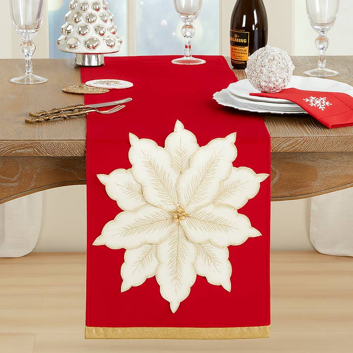 Red Velvet Poinsettia Table Runner - 14"x72" for wholesale by Fennco Styles