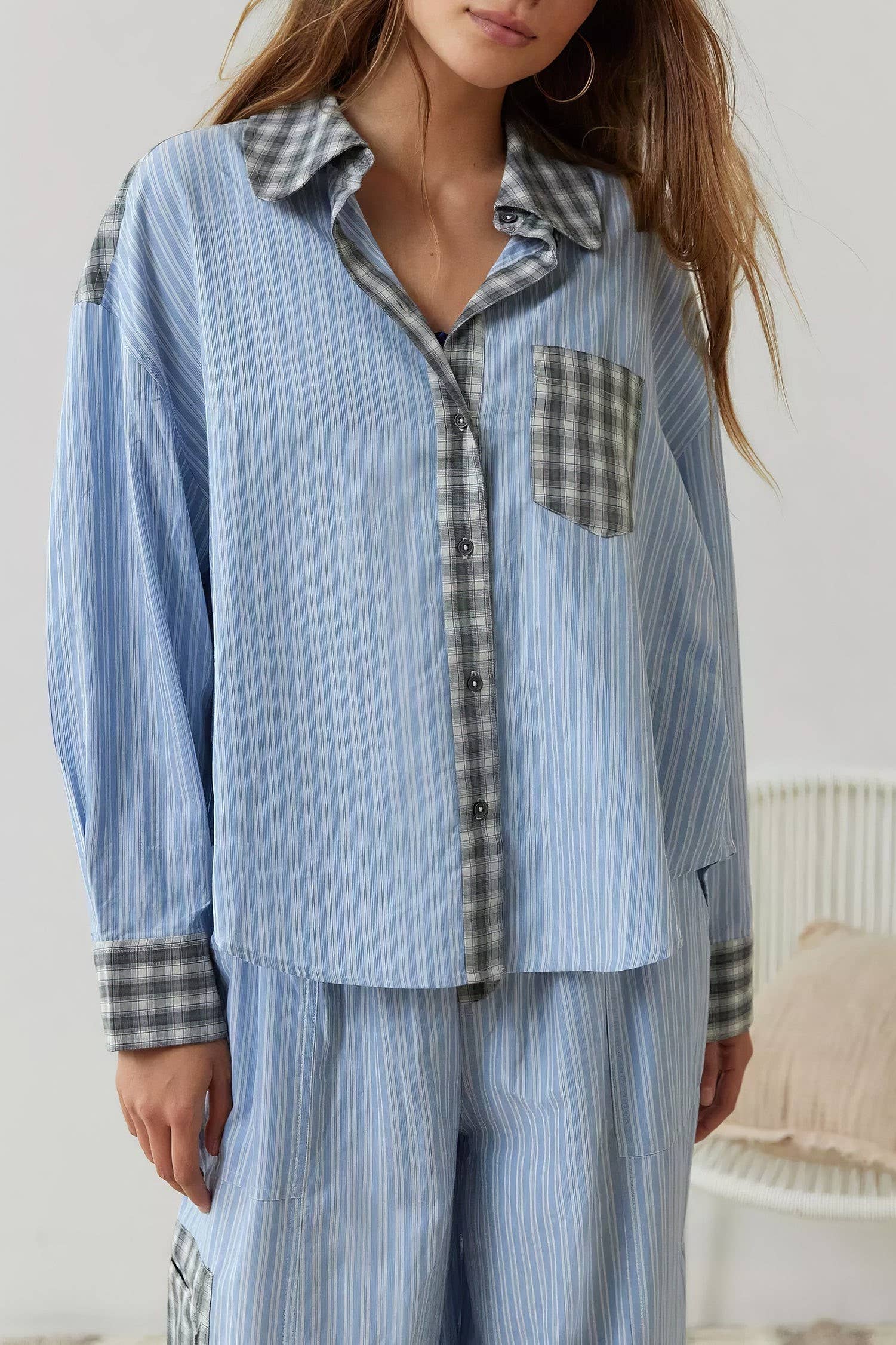 Rosa Clothing - Wholesale Sleepwear Set - Women's - Pink plaid patchwork loose pajama set12