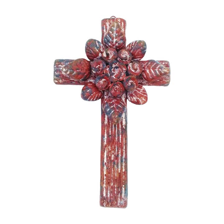 Sedona Spirit - Wholesale Wall Cross - Pottery Cross With Flower Bouquet - Rustic Finish