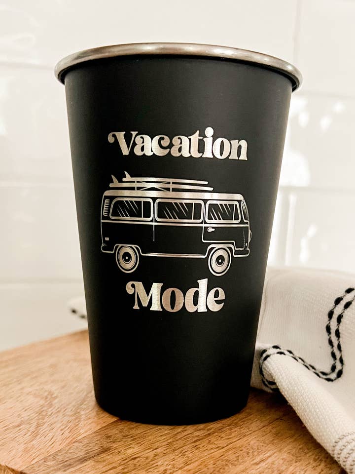 Vacation Mode Engraved Pint Cup for wholesale by Mae Designs LLC