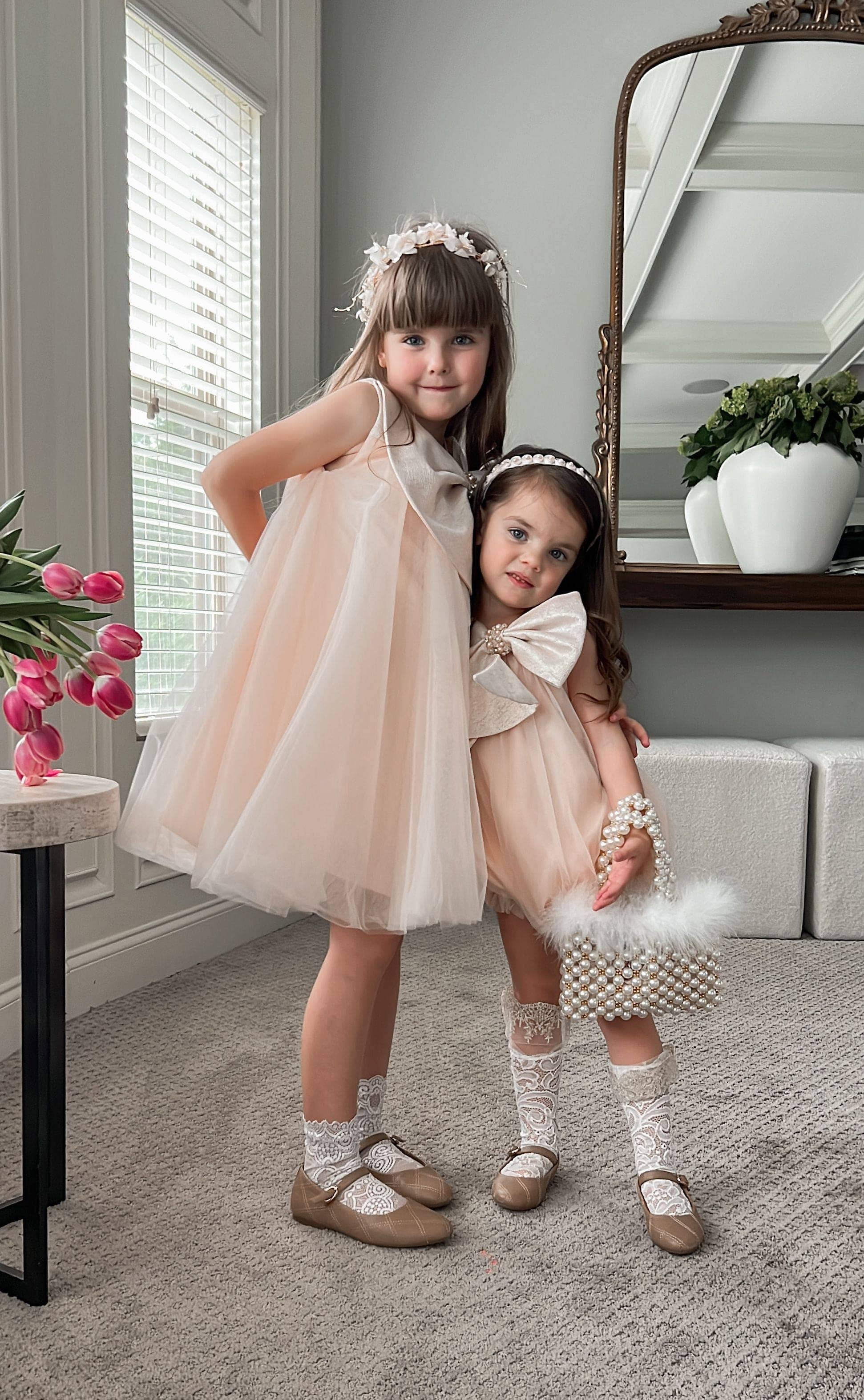 Petite Maison Kids - Vente Robe – enfant - Robe Jackie pêche en tulle à col nœud jacquard22