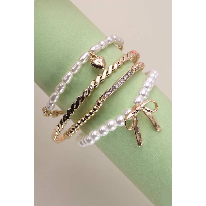 GOLD BOW PEARL RHINESTONE BAR STRETCH BANGLE SET | 80B137 for wholesale on Faire