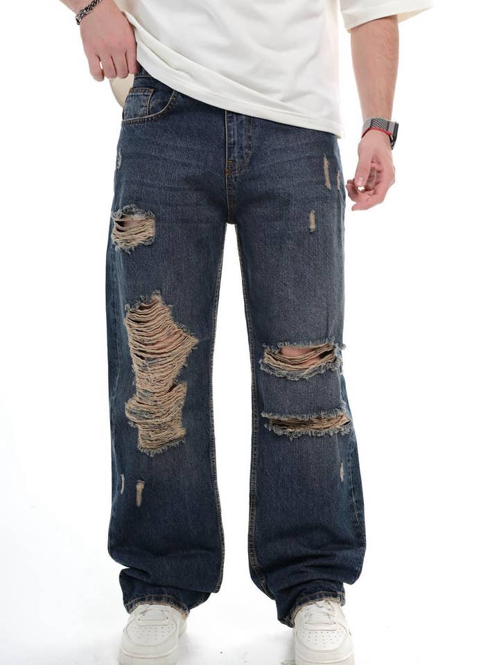 Herrarnas kraftigt slitna raka jeans i denim med revor 1124ES3246 för wholesale av Monocloth
