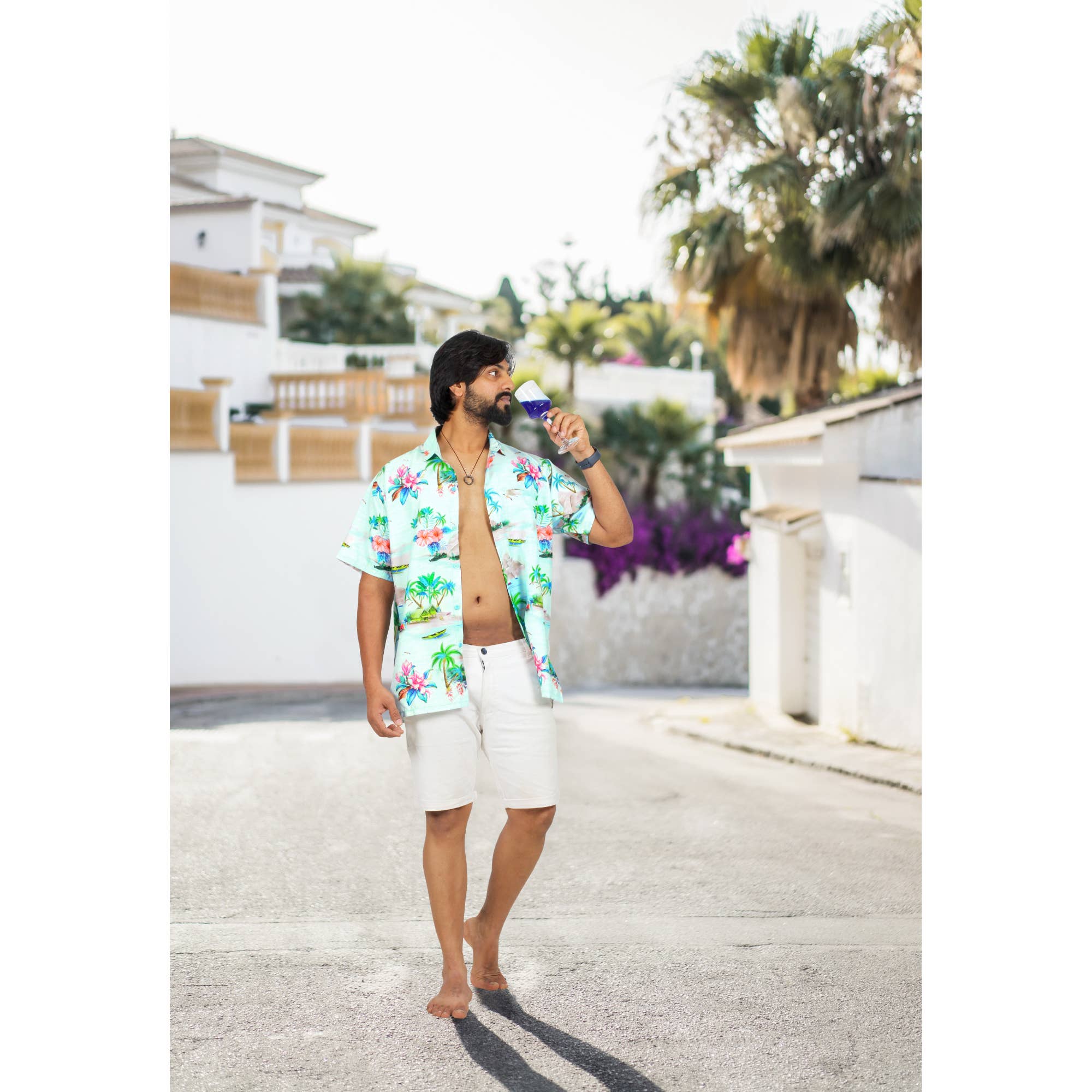 Happy Bay Men's Island Palm View Blue Shirt P00060 for wholesale on Faire1