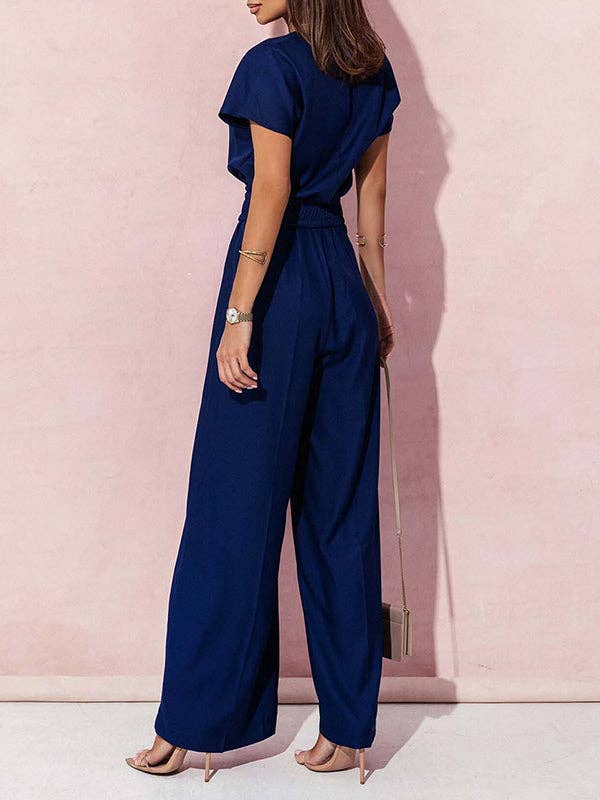 Sheer Trend - Wholesale Jumpsuit - Women's - High Waisted Loose Belted Pleated V-Neck Jumpsuits6