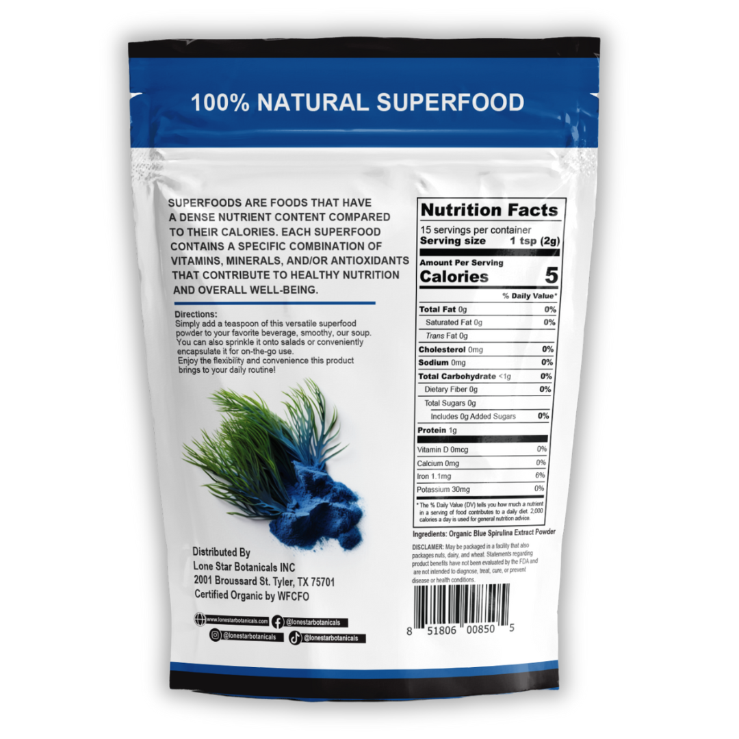 Lone Star Botanicals – Engroshandel Protein-/superfoodpulver – Økologisk blå spirulina ekstraktpulver – 30 g (1,06 oz)6
