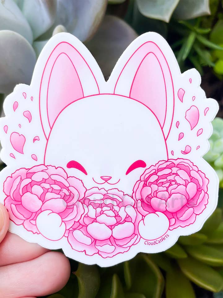 Peony Kitty - Pink Flower Cat - Vinyl Sticker for wholesale by Cloud Cat Arts