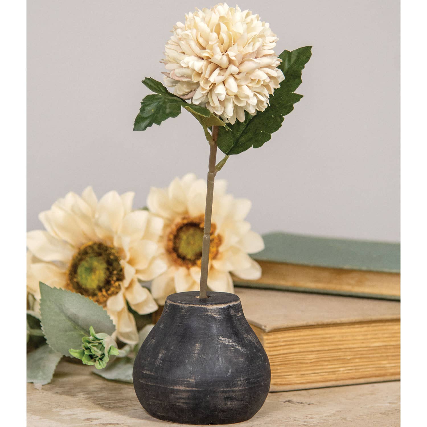 Col House Designs – wholesale Vas – Distressed Svart Trä Rund Blommahållare1