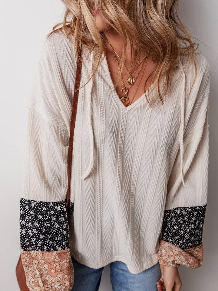 Little Daisy Closet - Wholesale Knit Top - Women's - LDC Floral Patchwork Textured Knit Drawstring V Neck Blouse