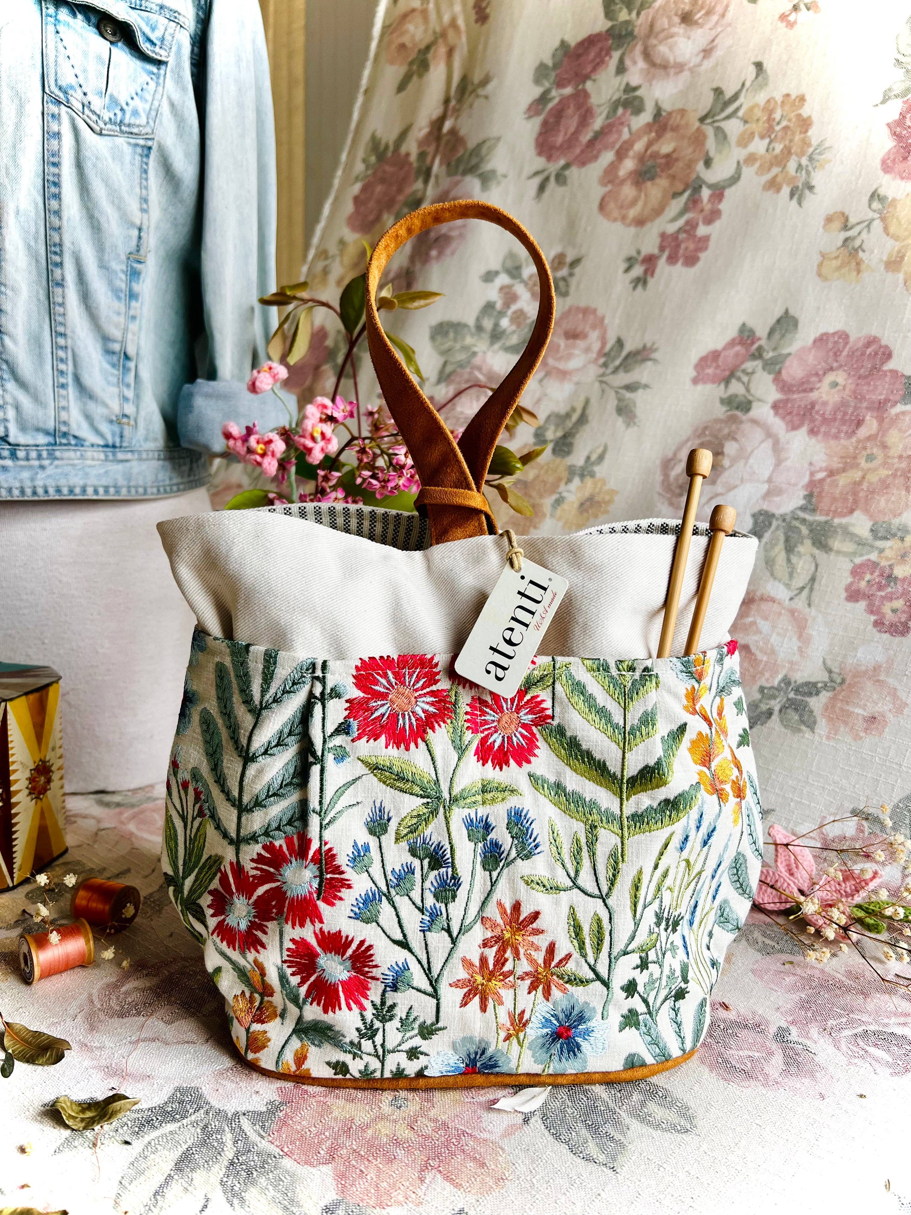 Atenti - Wholesale Tote Bag - Women's - Wildflower Tall Caddy– Handmade USA Embroidered Floral Yarn & Notions Organizer, Atenti Project Bag4