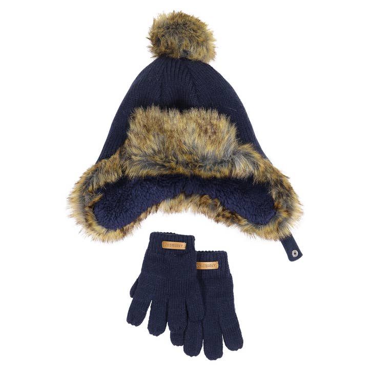 Andy & Evan - Wholesale Winter Accessory Set - Kids - Boys Toddler Hat & Glove Set - Faux Fur-Trimmed Trapper Hat