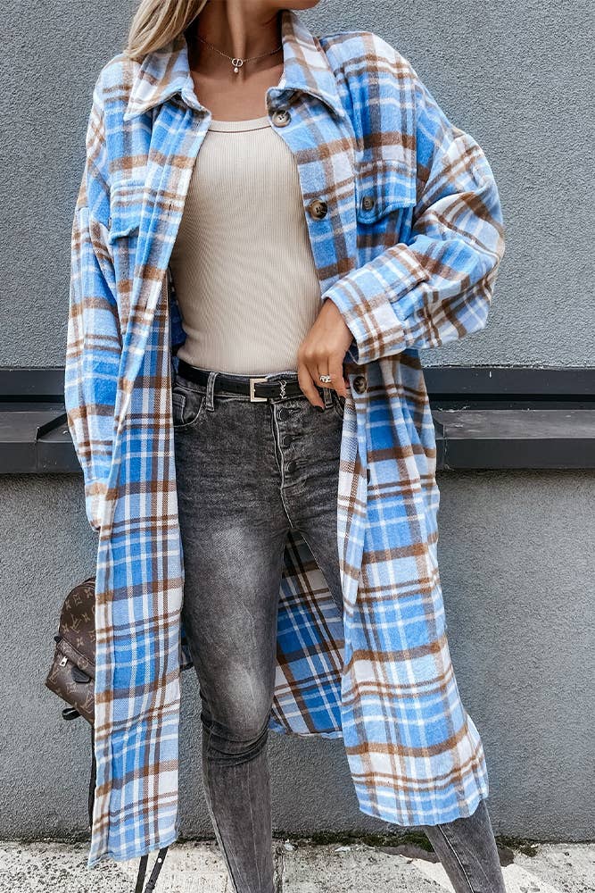 UNISHE - Vente Veste-chemise – femme - Veste longue à carreaux à poches boutonnées ZZKF4388