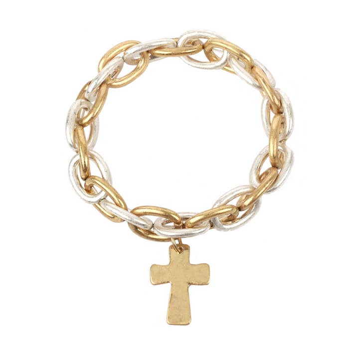 Pulsera elástica con eslabones de oro y plata desgastados con cruz para venta al por mayor de What's Hot