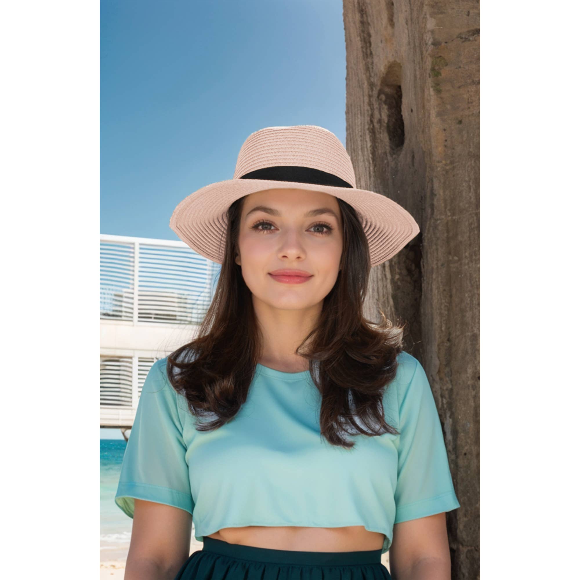 AK Brand - Wholesale Straw Hat - Women's - Wide Brim Straw Fedora Sun Hat Black Band Panama UV Hat26