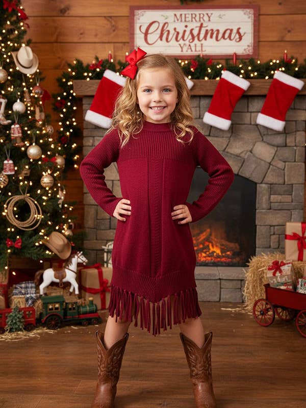 Burgundy girls knit sweater dress w/tassels DLH2516 for wholesale by luluclothes