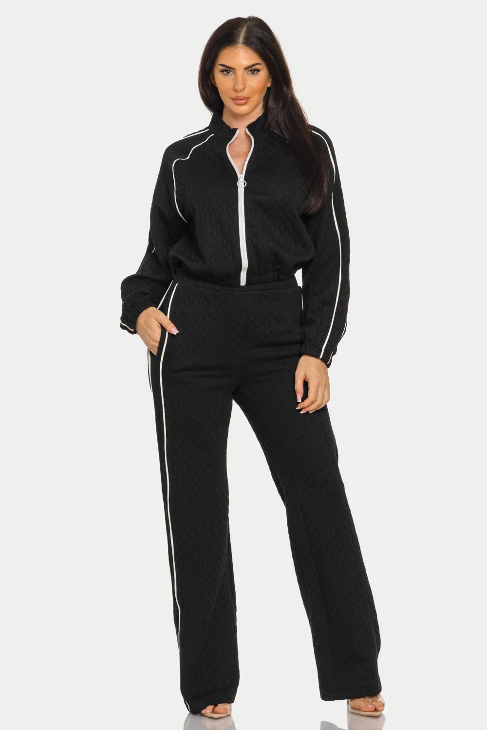 Julia by LoveJ - Wholesale Top & Pant Set (NOT Loungewear) - Women's - Pipping Stripes Front Zip Up Jacket And Pants Set 5