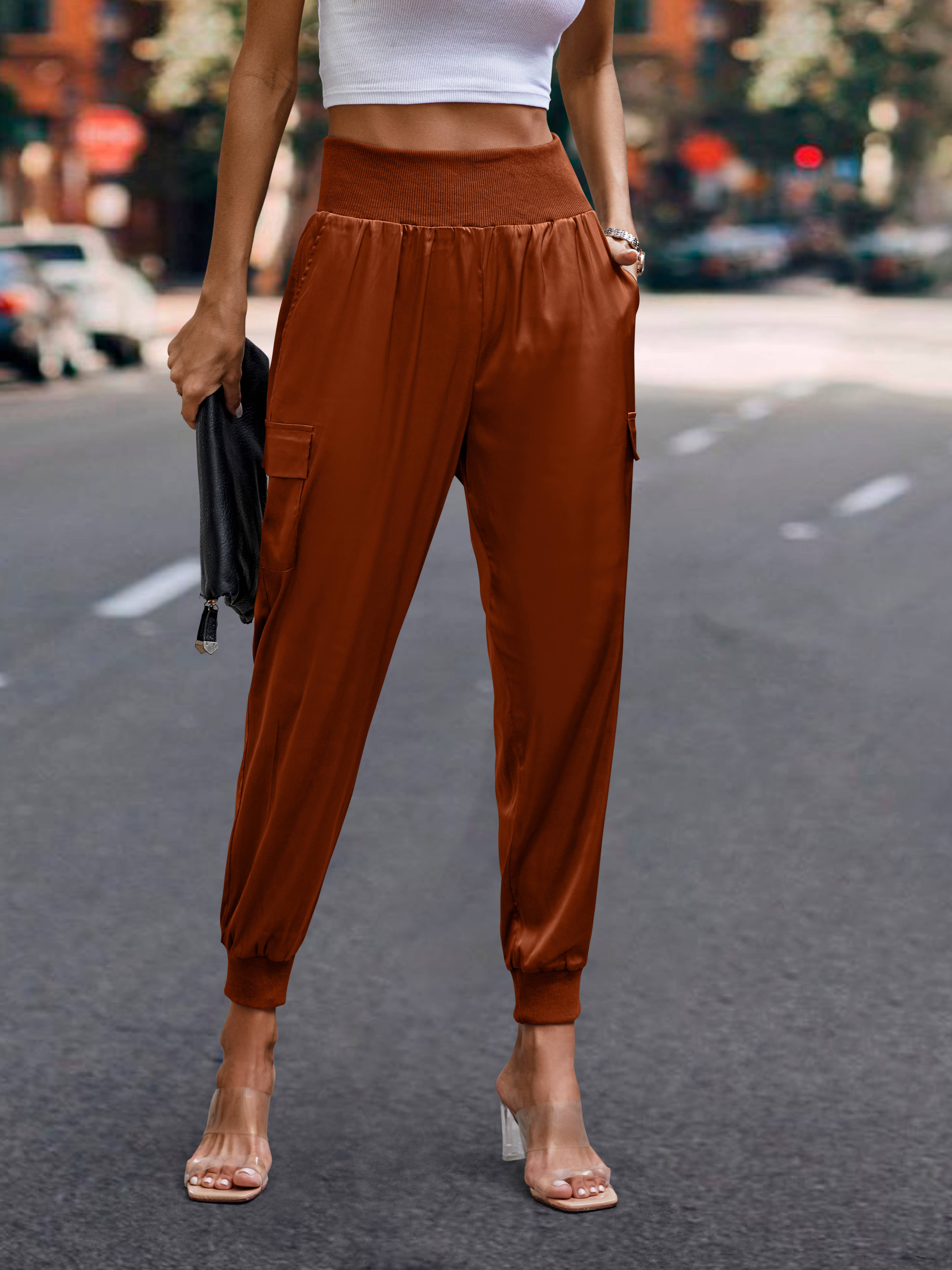 eLook - Wholesale Lounge Sweatpants/Joggers - Women's - SZ1-P0012 Satin Cargo Jogger with Ribbed Waist0