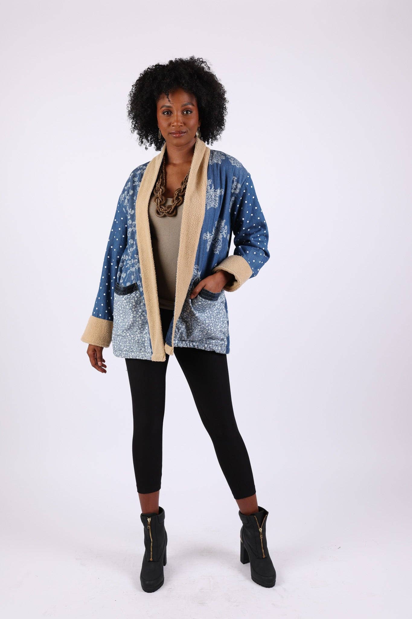 Sacred Threads - Wholesale Denim Jacket - Women's - Patchwork Fleeced Denim Jacket: Open Front1