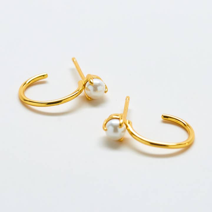 Gold Vermeil Pearl Semi-Precious Gemstone Mini Hoop Earrings - Birthstone/Wedding Jewelry for wholesale by Admiral Row Jewelry
