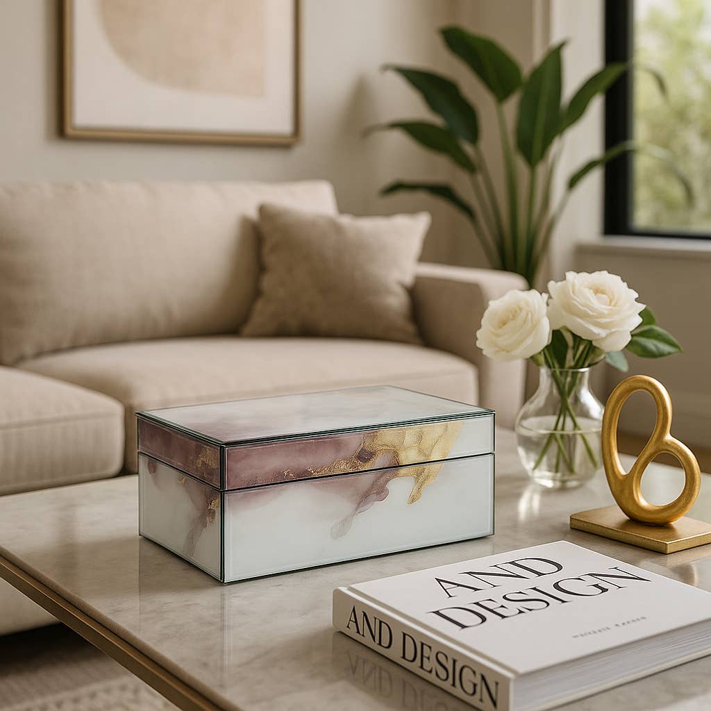 Sagebrook Home - Wholesale Decorative Box - Decorative Box - White/Beige/Gold Wood Abstract, 8x3 in.1