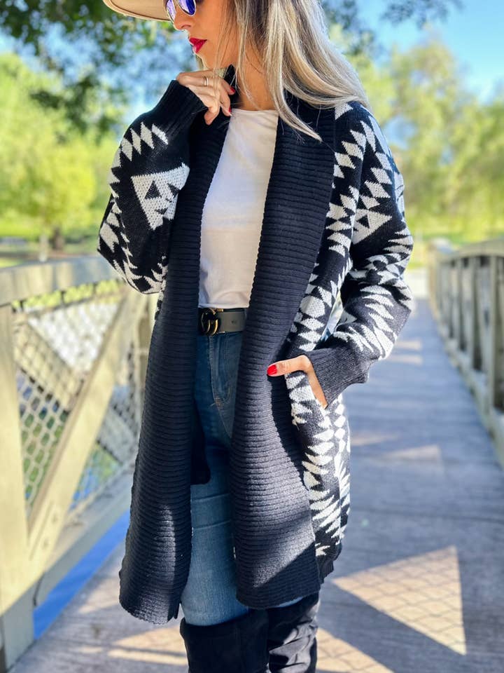 Black Aztec Printed Lightweight Cardigan with Pockets for wholesale on Faire3