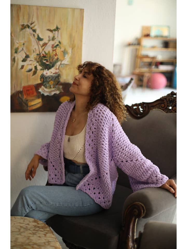 miglo - Vendita all'ingrosso Cardigan - Donna - Cardigan da donna lavorato a maglia in filato di peluche, colore lilla, cardigan morbido, spesso, caldo, taglia standard4