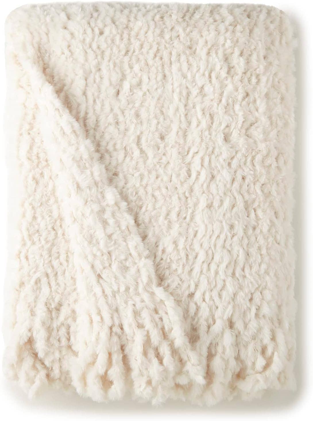 Crafted by Catherine - Wholesale Throw Blanket - Ivory Fringe Trim Knit Faux Rabbit Fur Throw 50" x 60"1