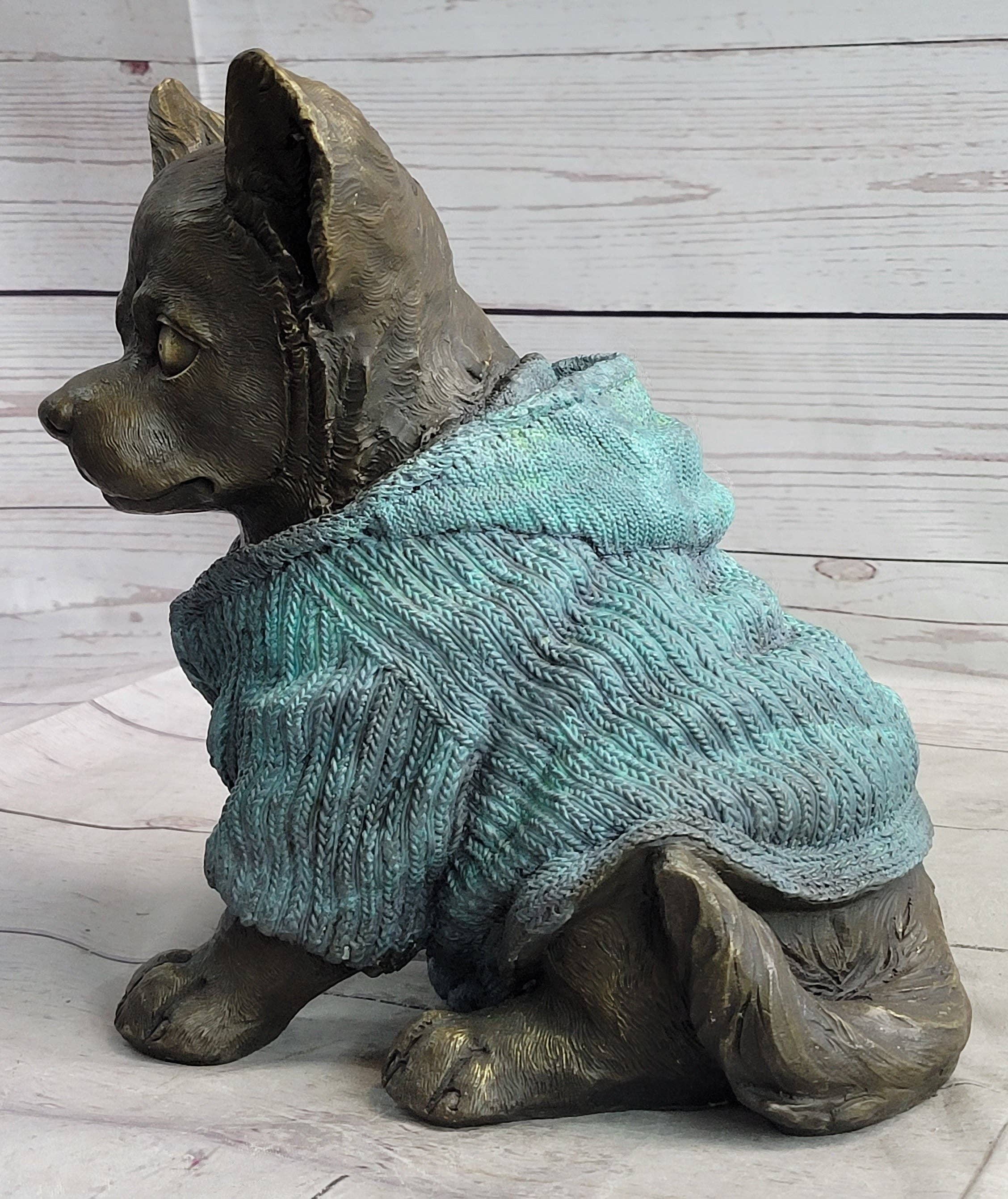 Bronzhaus - Wholesale Sculpture - Chihuahua Puppy Dog Wearing Blue Sweater Bronze Metal Figurine Sculpture Decor6