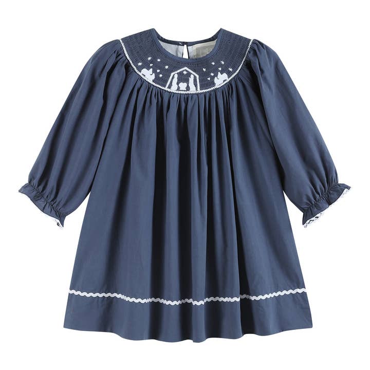 Navy Blue Nativity Long Sleeve Smocked Bishop Dress for wholesale by Lil Cactus