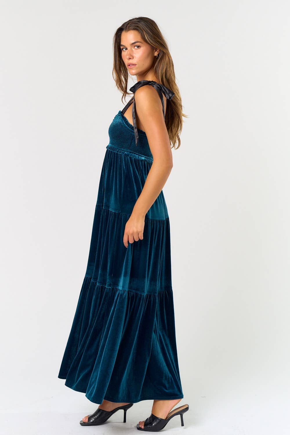 Lalavon - Wholesale Dress - Women's - ILD5094 VELVET SATIN BOW SHOULDER TIE MAXI DRESS 9