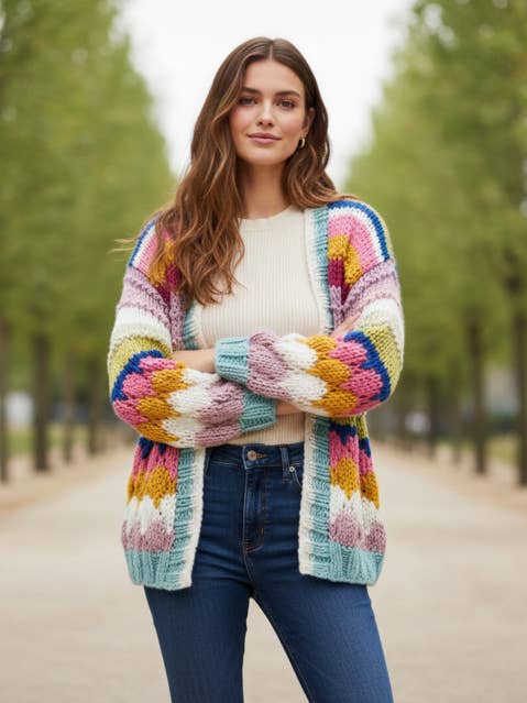 Cardigan tricoté à points bulle arc-en-ciel pour la vente par SAACHI