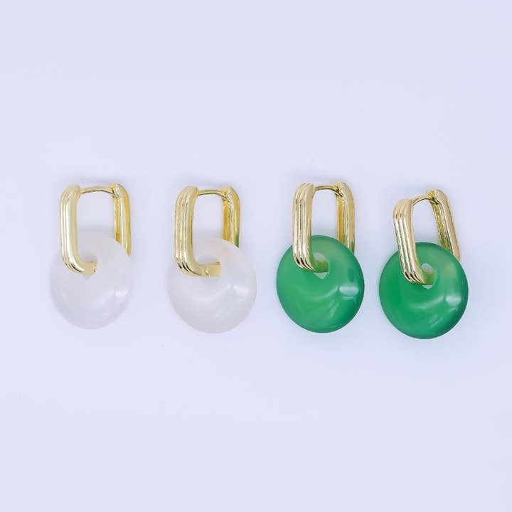 24K Gold Filled Green, White Jade Oblong U-Shaped Hoop Drop Earrings | AB1590 AB1591 for wholesale by Aim Eternal