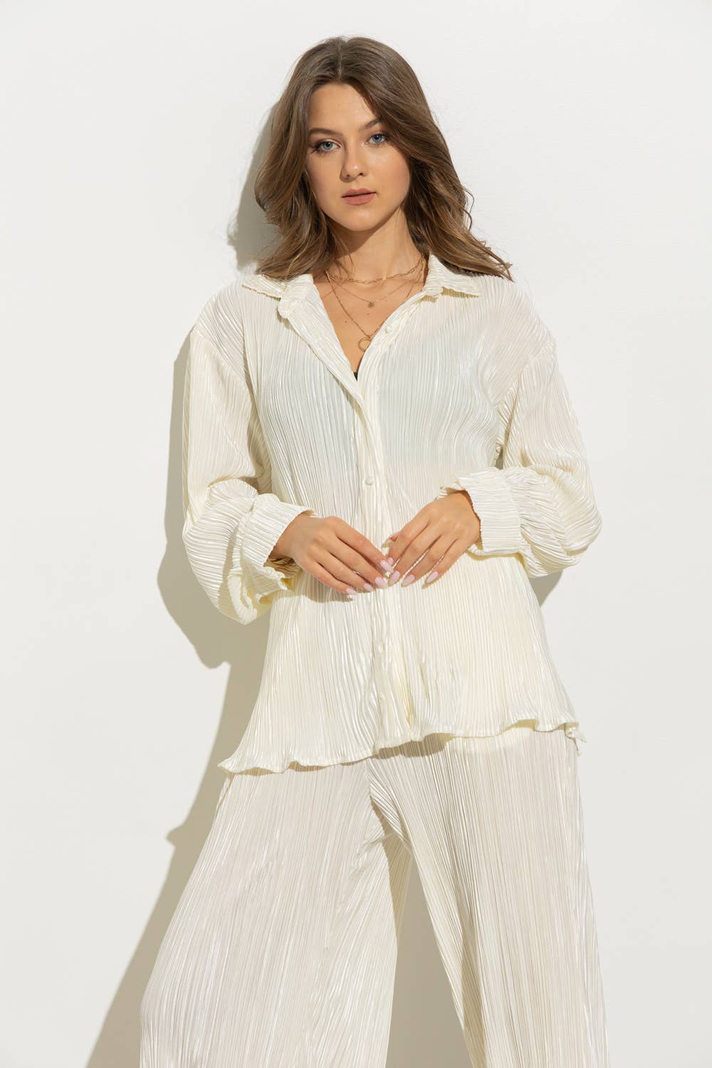 Blue B – wholesale Lounge set – Women's – 32108SET - Accordion Pleat Button Blouse Pant Lounge Set3