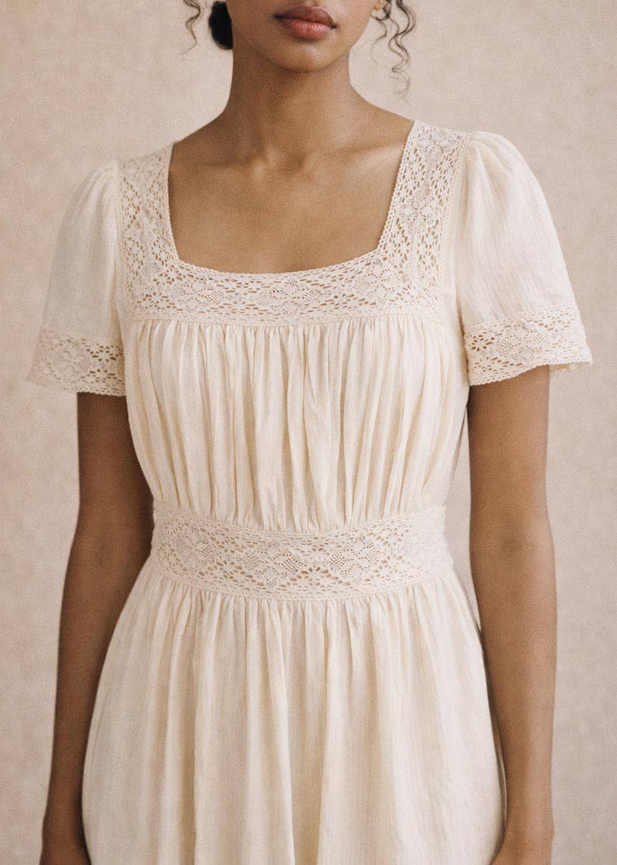 Atèlette - Wholesale Dress - Women's - Cream Cotton Gauze Lace Midi Dress - Theodosia Dress2