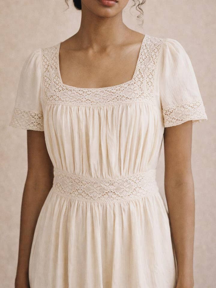 Atèlette - Wholesale Dress - Women's - Cream Cotton Gauze Lace Midi Dress - Theodosia Dress2