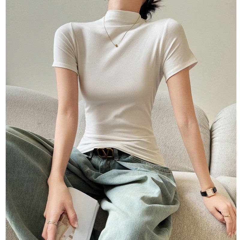 Sheer Trend - Wholesale T-Shirt - Women's - Modal High Neck Short Sleeve Tee With Classic Shoulder Design1