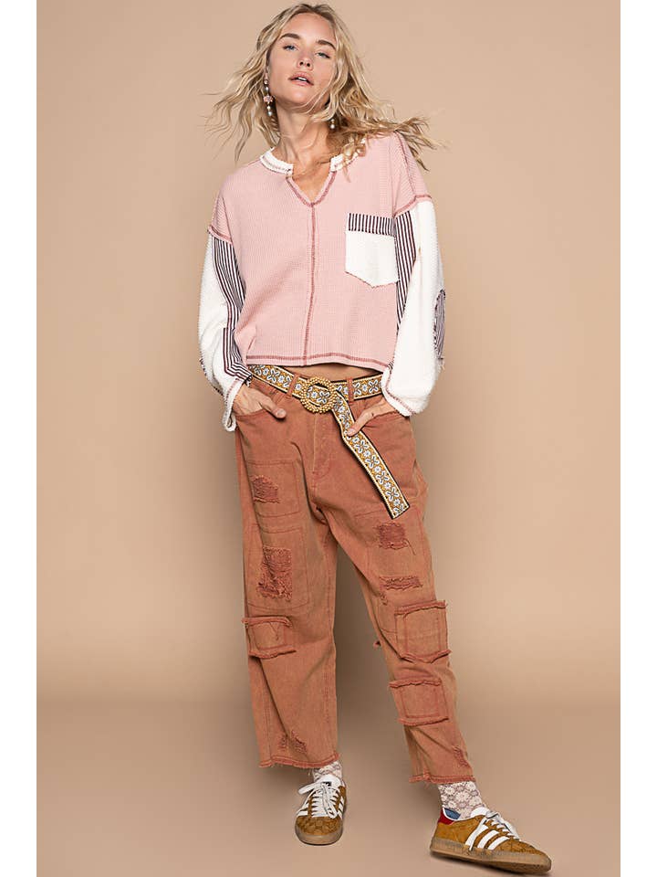 Pol Clothing - Wholesale Jeans - Women's - High rise ankle length distressed pinstripe boyfriend jeans