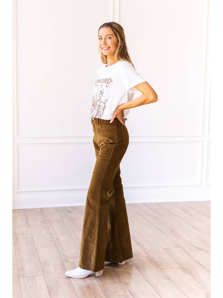 Olive Tan Corduroy Flare Pants for wholesale on Faire1
