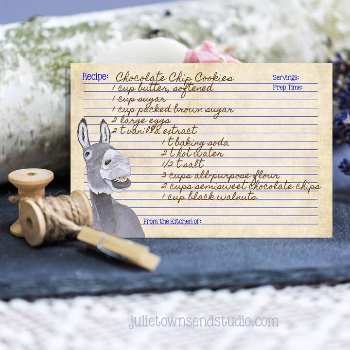 Julie Townsend Studio - Wholesale Recipe Card - Recipe Cards - Set of 12 Cute Donkey Recipe Cards - 1133