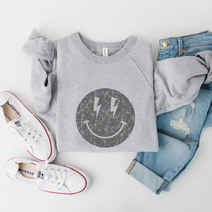 Happy Face met bliksem Graphic Unisex fleece pullove voor wholesale door Shamaim